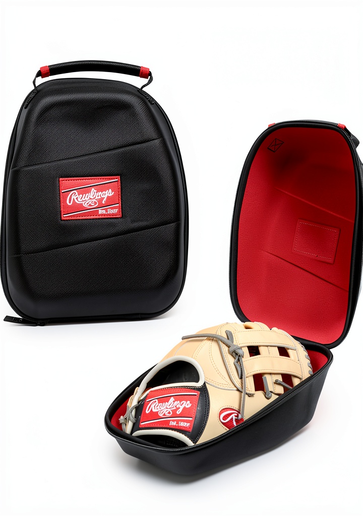 Rawlings Baseball Glove Accessories Bag Black Classic on a wooden bench with a leather glove inside