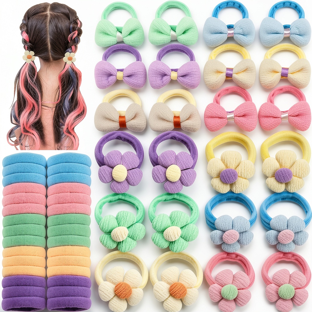 Unboxing HUJIANWEN Girls Hair Ties Elastic Bow Set 54pcs on a wooden desk