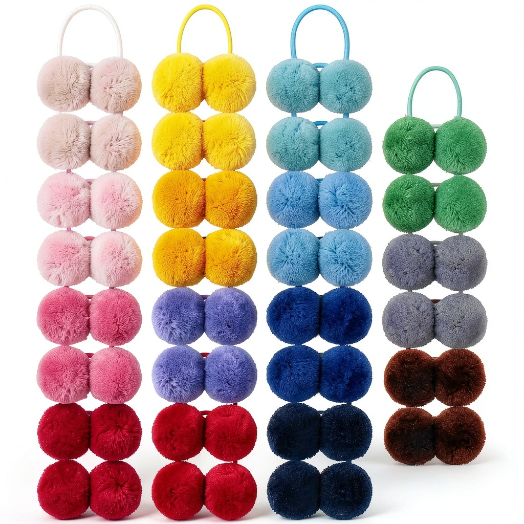 Child arranging Cinaci pompom hair ties on a colorful classroom desk