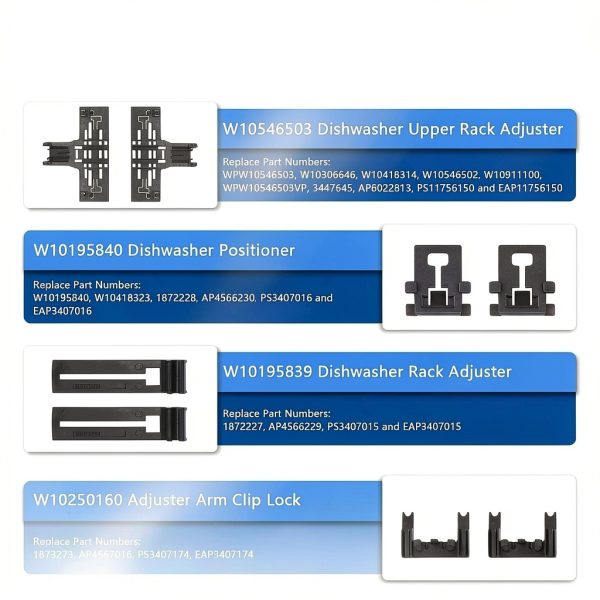Dishwasher Top Rack Adjuster Funmit W10546503 8‑Piece Black Polymer-4